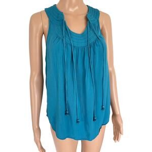Elle Scoop Neck Top Womens M Y2K Style Tassel Tank Hippie Peasant Rayon Blue